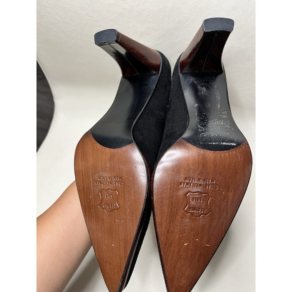 Vintage Y2K Stuart Weitzman Suede Point Toe Pumps Black Faux Wooden Heel Size 8 - Picture 7 of 9